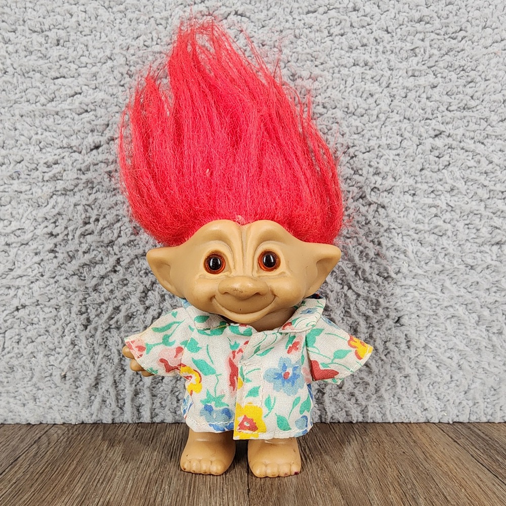 Vintage Ace Novelty Treasure Troll Doll Red Hair Floral Shirt 3 Inch 90s Toy